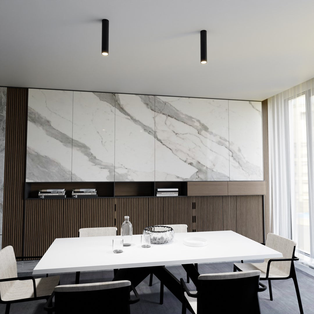 Salle à manger moderne avec deux spots noirs au plafond au-dessus de la table.