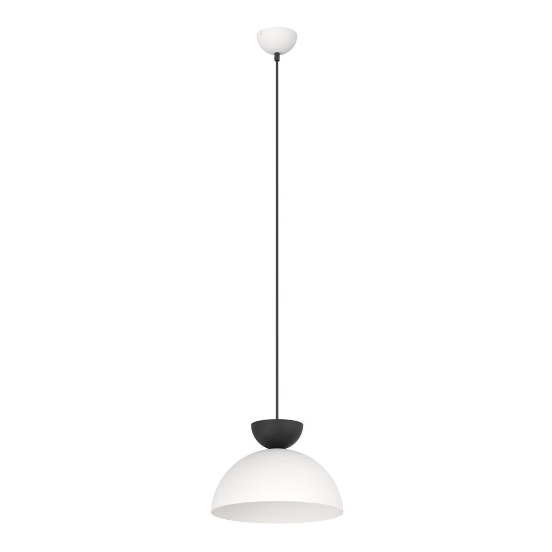 Vue de face de la suspension complète sur fond blanc, câble noir et dôme blanc
