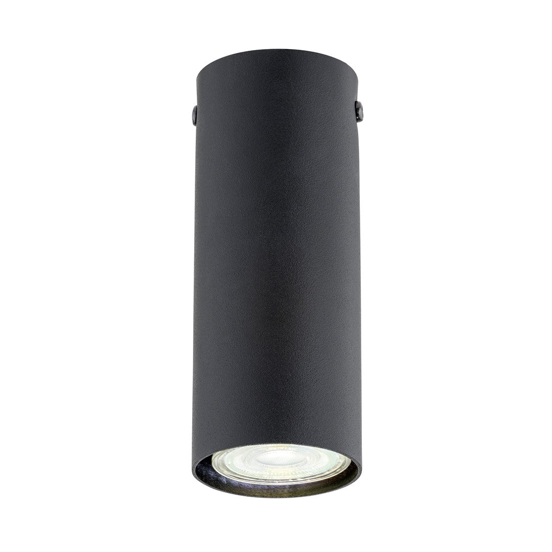 Spot cylindrique noir mat vu de face sur fond blanc, longueur moyenne