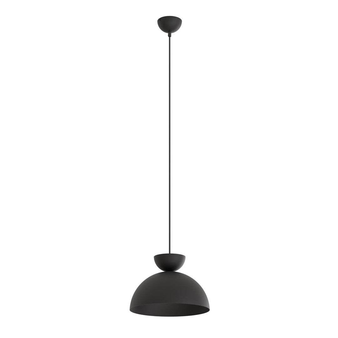 Suspension noire entière vue de face sur fond blanc, câble et rosace visibles
