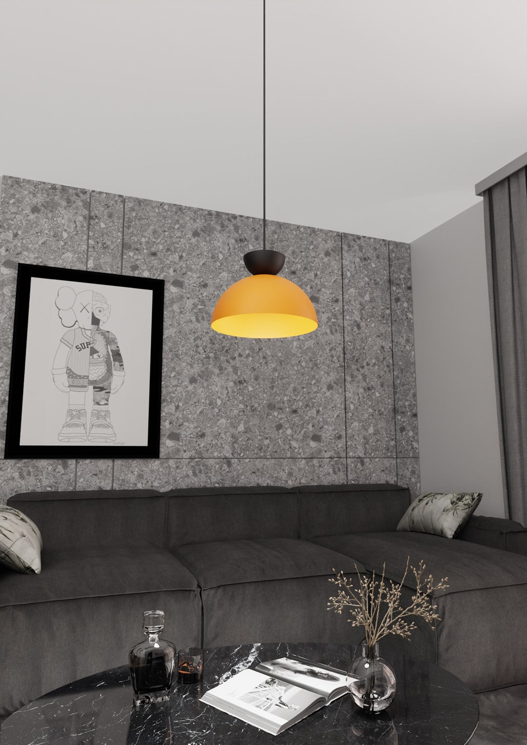 Mise en ambiance salon gris, suspension orange au-dessus d'une table basse en marbre
