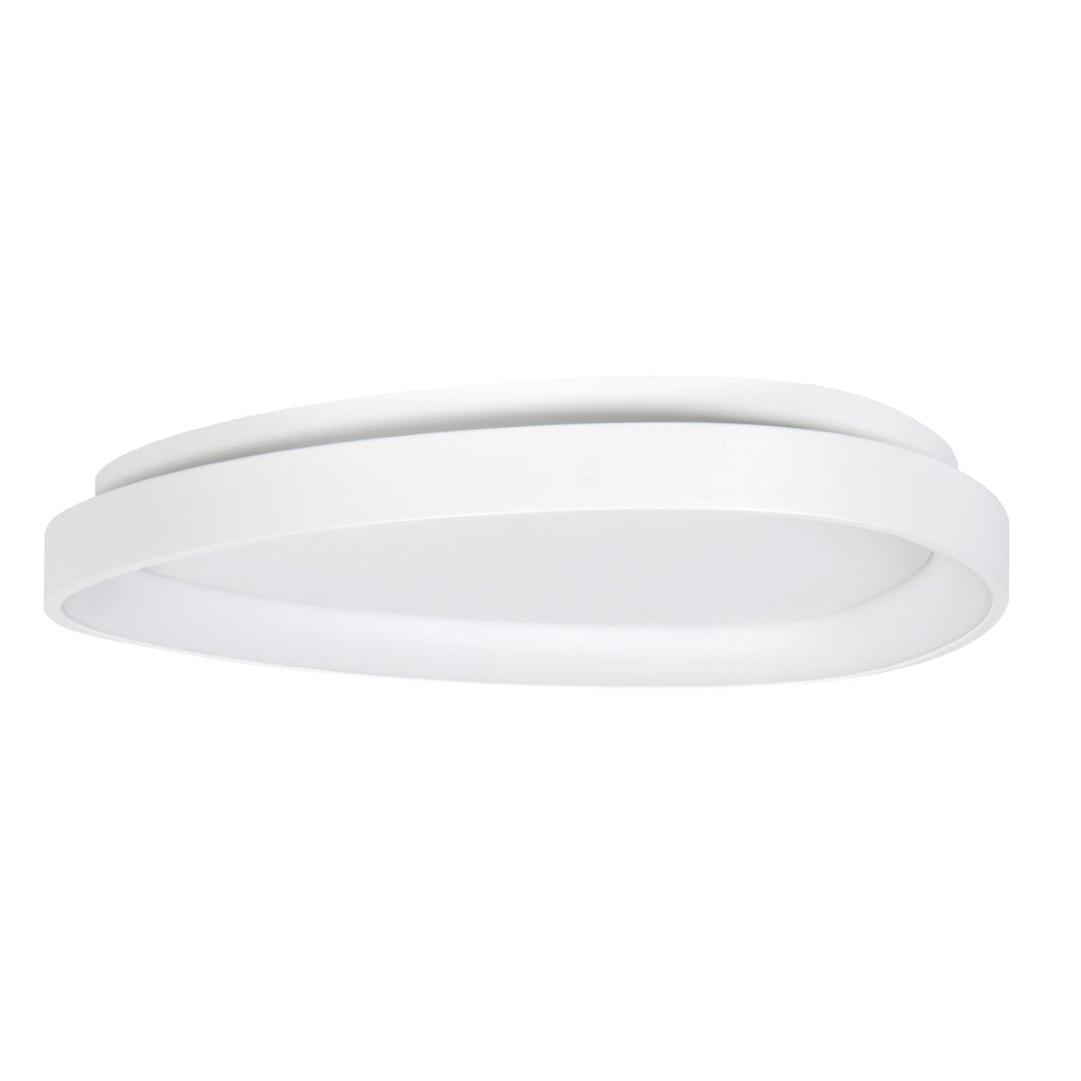 Vue de face du luminaire éteint, cerclage blanc et diffuseur opaque