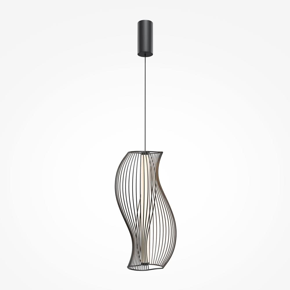Luminaire suspendu noir vu de face sur fond blanc, cage filaire ondulée
