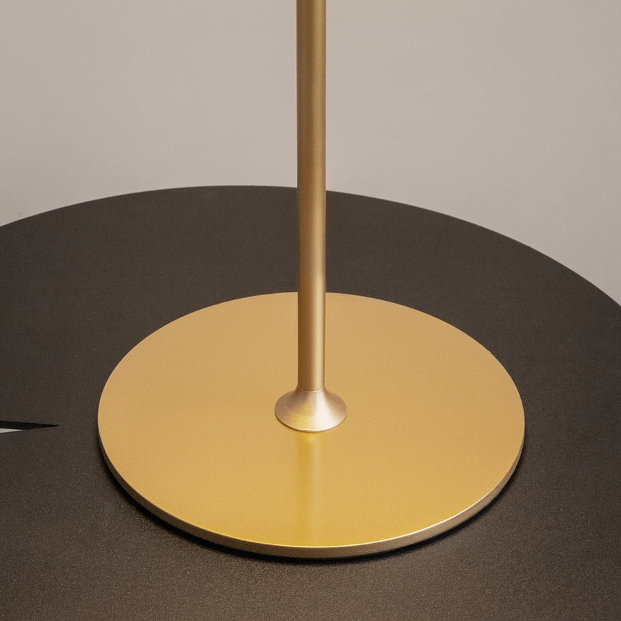Détail de la base ronde dorée et du pied fin sur table noire.