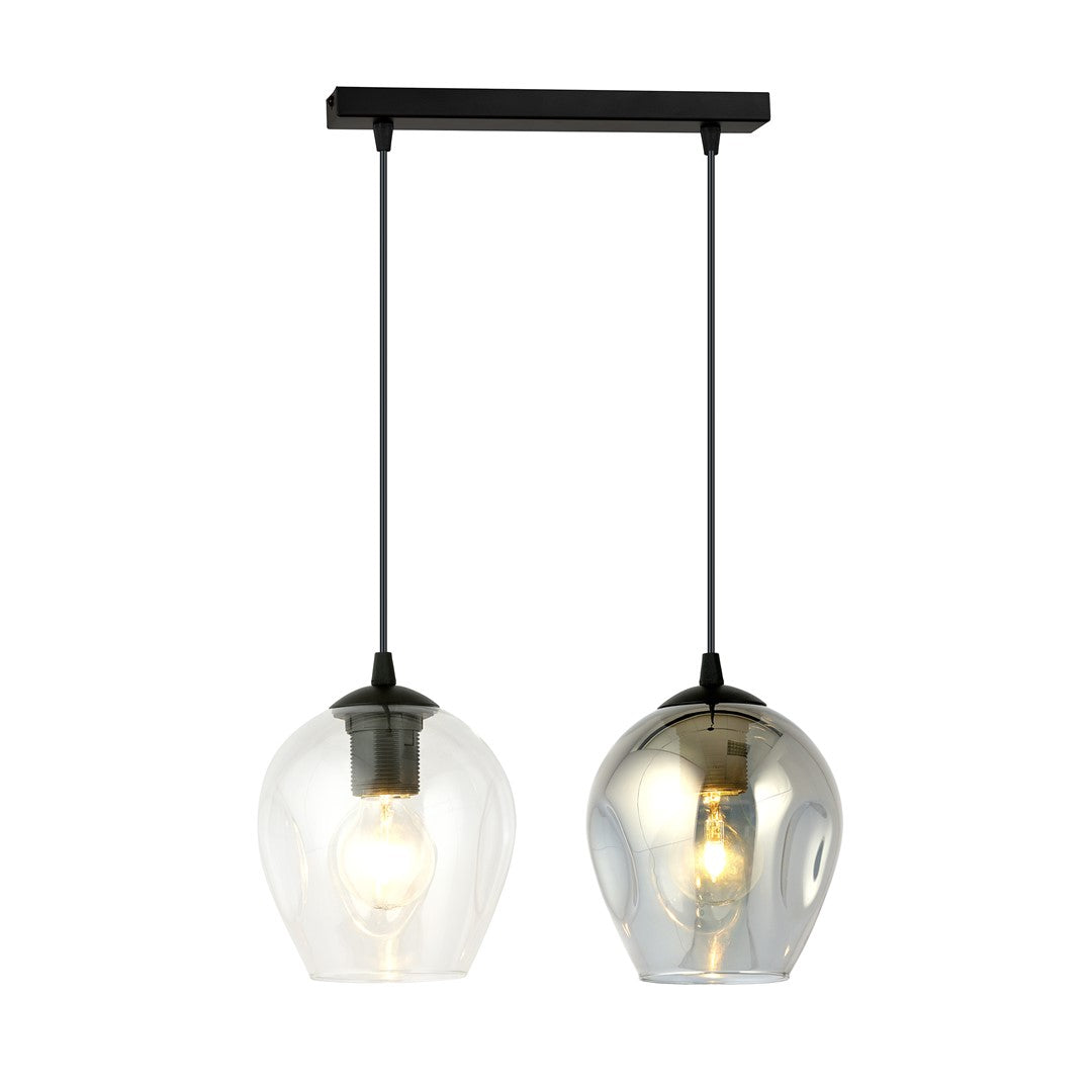 Suspension noire deux lumières, globes de verre transparent et fumé, vue de face
