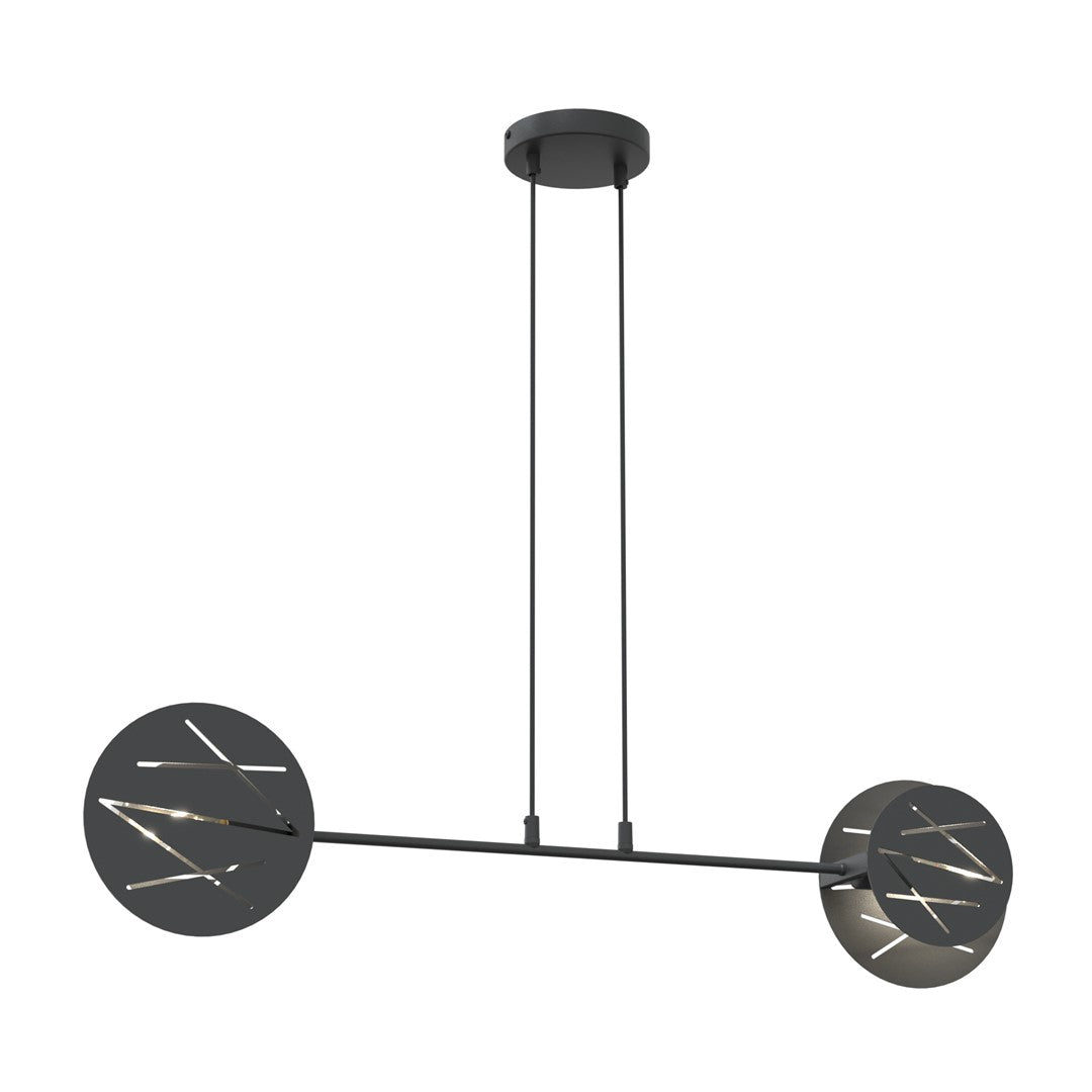 Vue de face du luminaire suspendu noir avec ses deux diffuseurs ronds à motifs.
