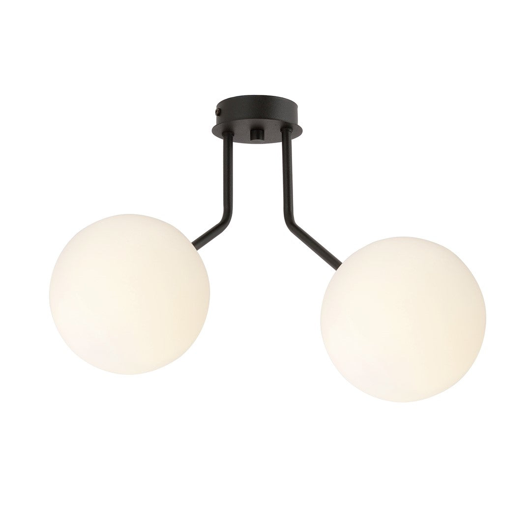 Luminaire noir fixé au plafond avec deux globes en verre opale, vue de face.