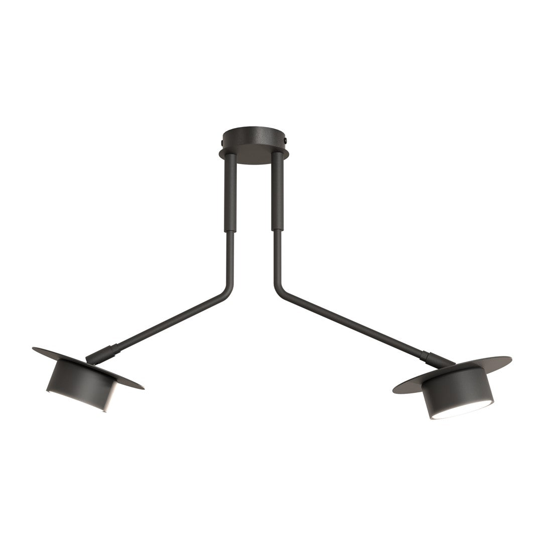 Vue de face d'une suspension noire à deux bras orientables et diffuseurs cylindriques.