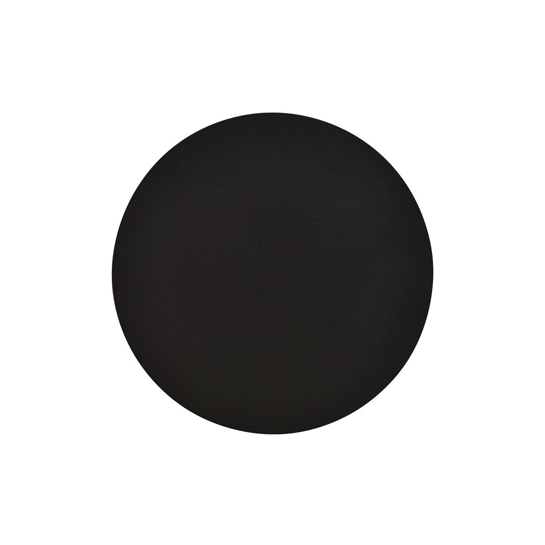 Vue de face sur fond blanc, applique murale ronde noire mate.