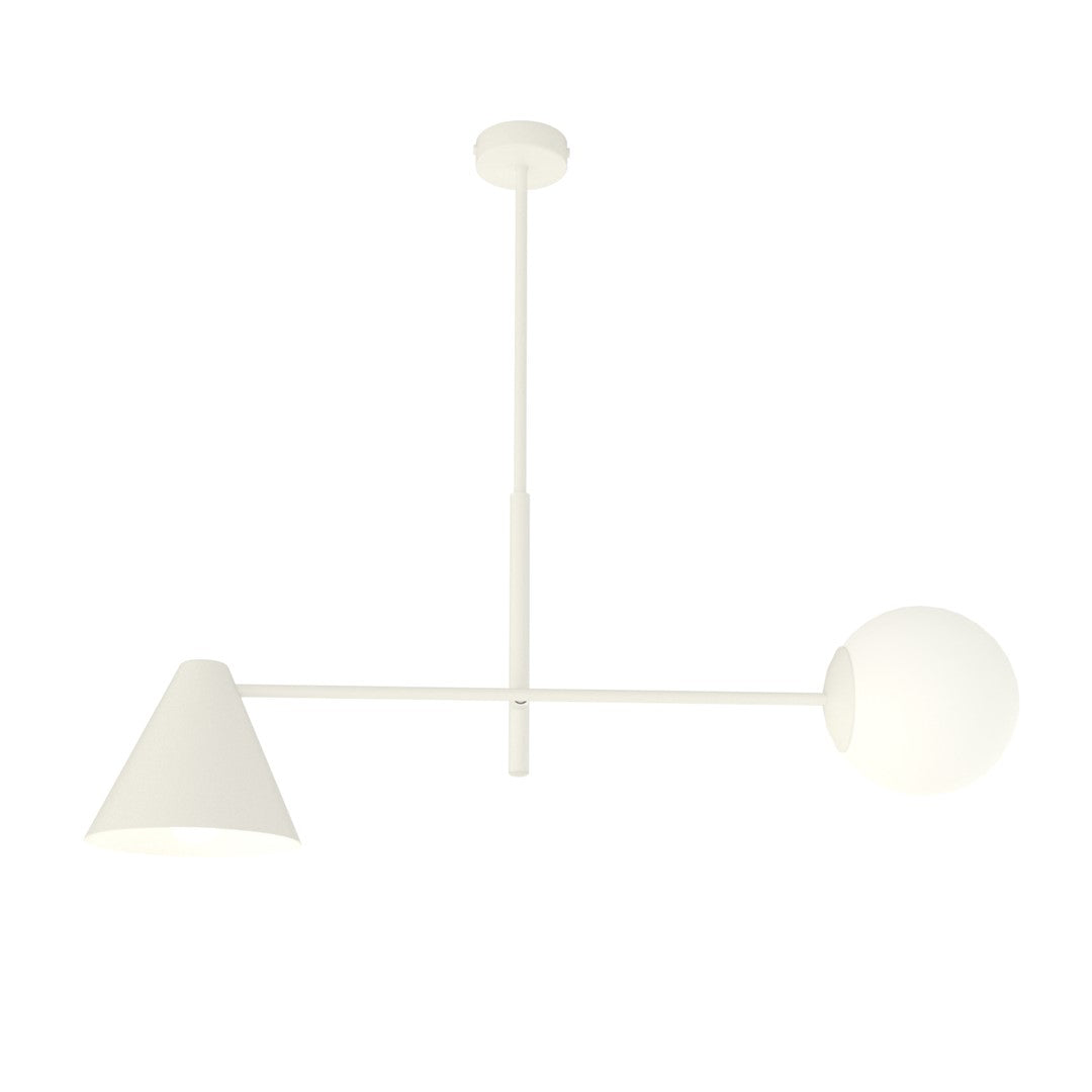 Luminaire blanc suspendu, vue de profil, abat-jour conique et sphère globe.