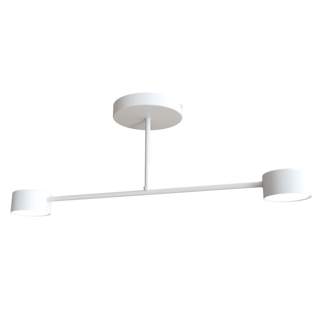 Luminaire blanc deux lumières sur fond blanc, vue de face du plafonnier