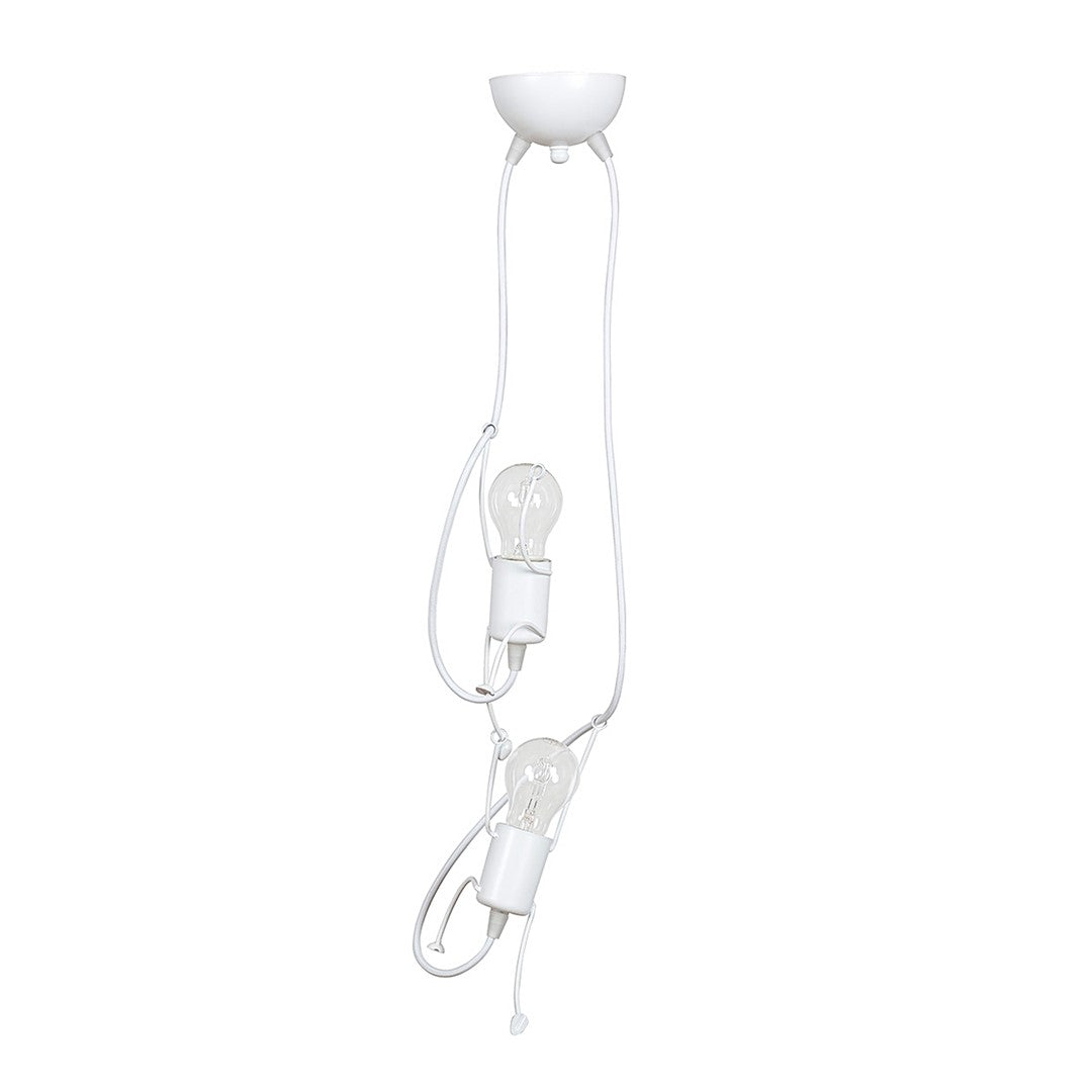 Vue de face sur fond blanc, suspension blanche avec deux ampoules nues et câbles apparents
