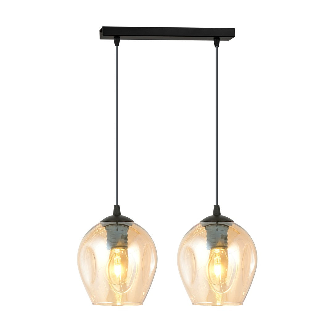 Vue de face du luminaire suspendu noir avec deux abat-jour en verre ambré.