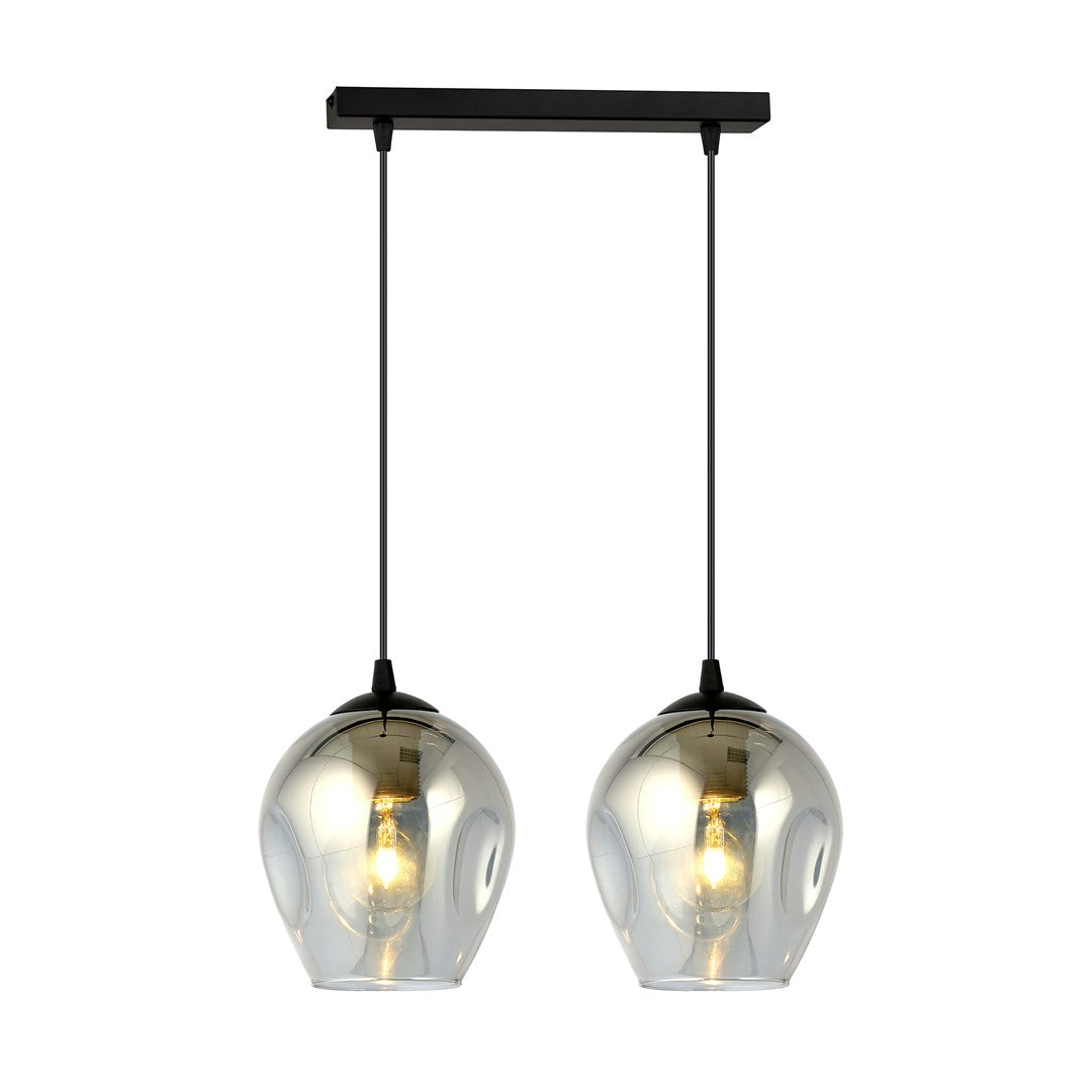 Suspension deux lumières vue de face, verre graphite et structure noire rectangulaire
