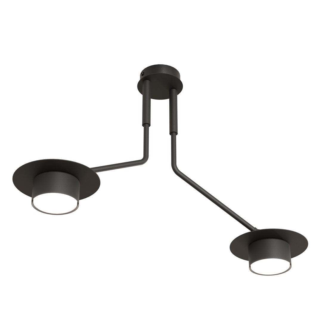 Vue en plongée rapprochée montrant les deux têtes lumineuses noires et leur finition mate.