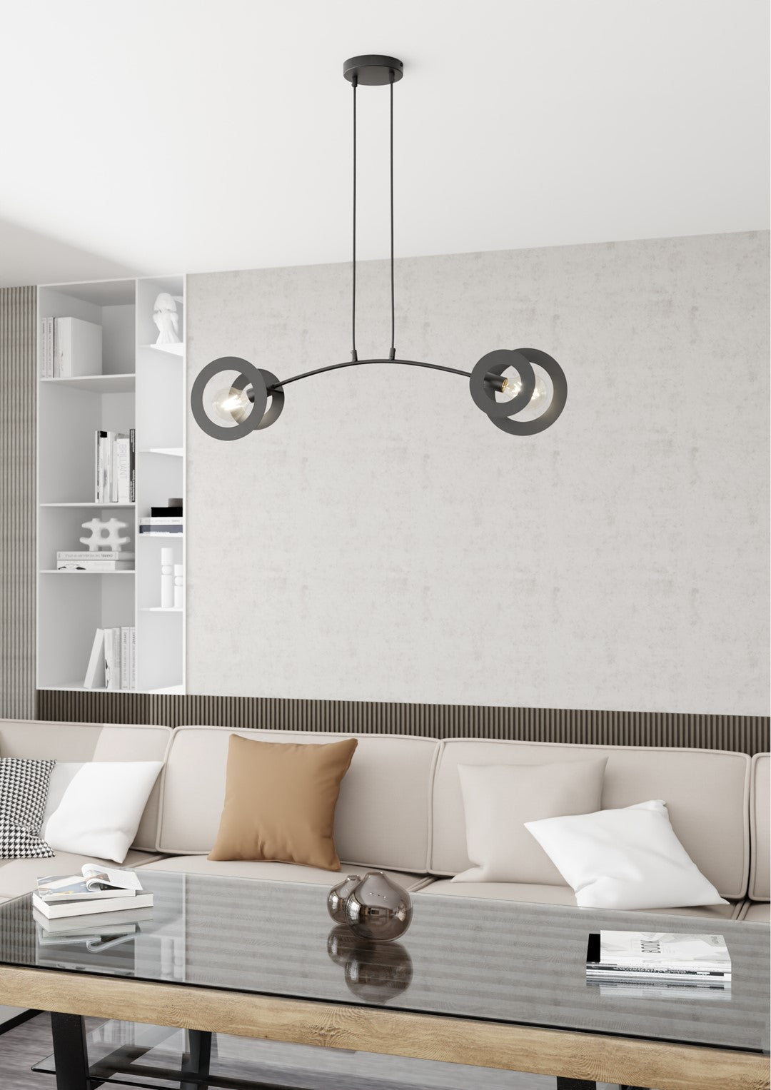 Mise en ambiance du luminaire suspendu au-dessus d'un canapé beige dans un salon moderne