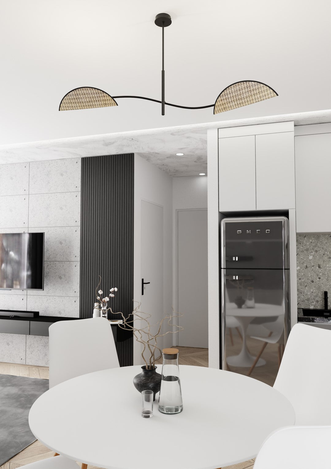 Suspension installée au-dessus d'une table blanche dans une salle à manger moderne