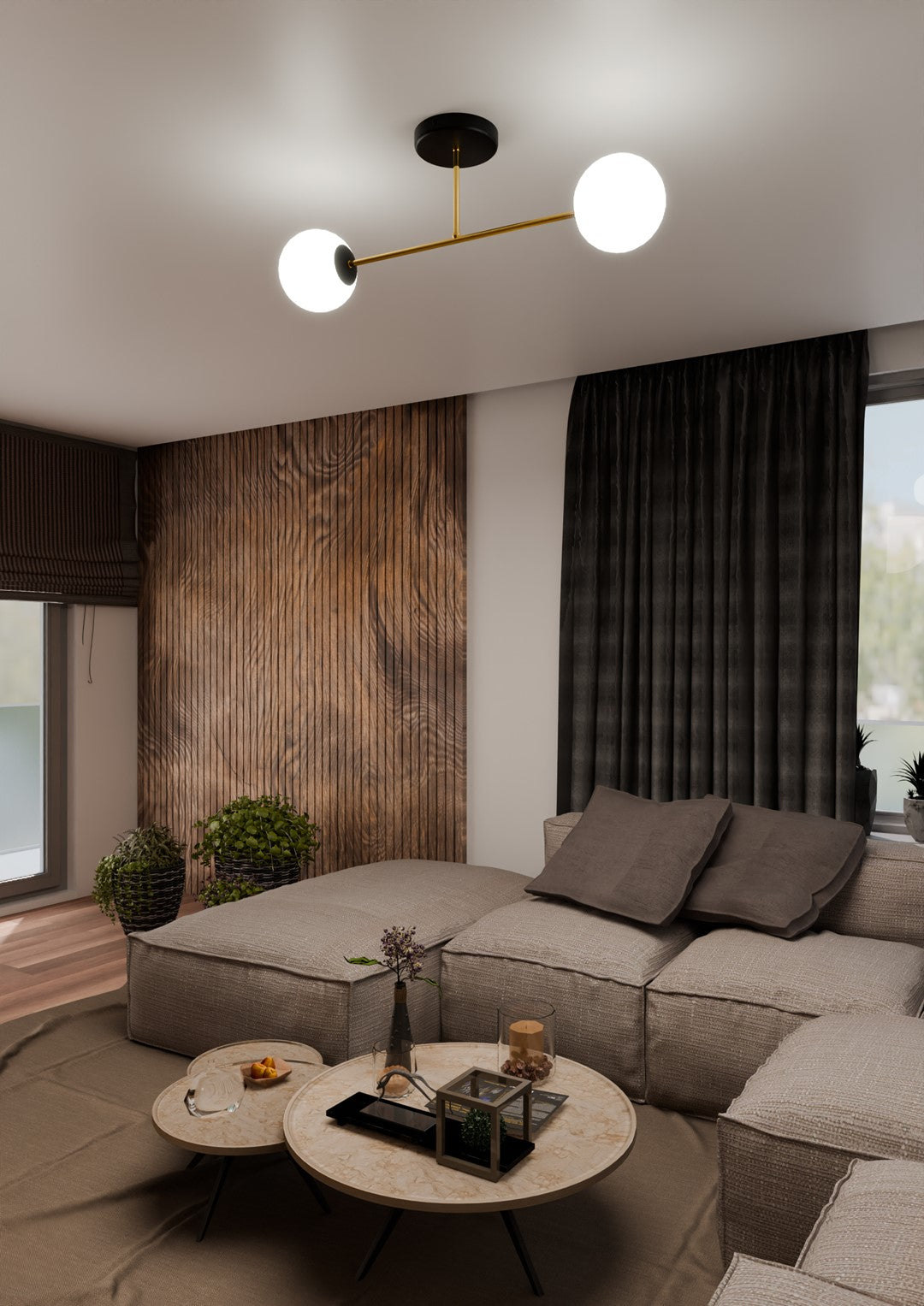 Mise en ambiance salon, luminaire allumé au-dessus d'un canapé beige