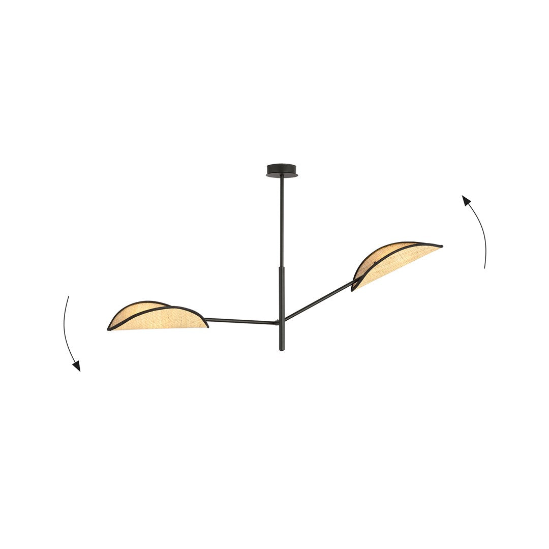 Schéma du luminaire avec flèches indiquant l'inclinaison réglable des deux bras et diffuseurs.