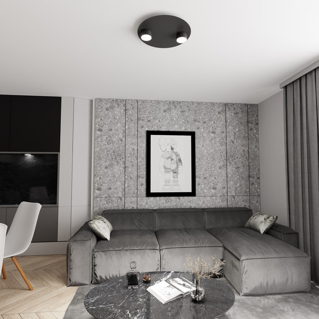 Luminaire installé au plafond d'un salon gris avec canapé d'angle