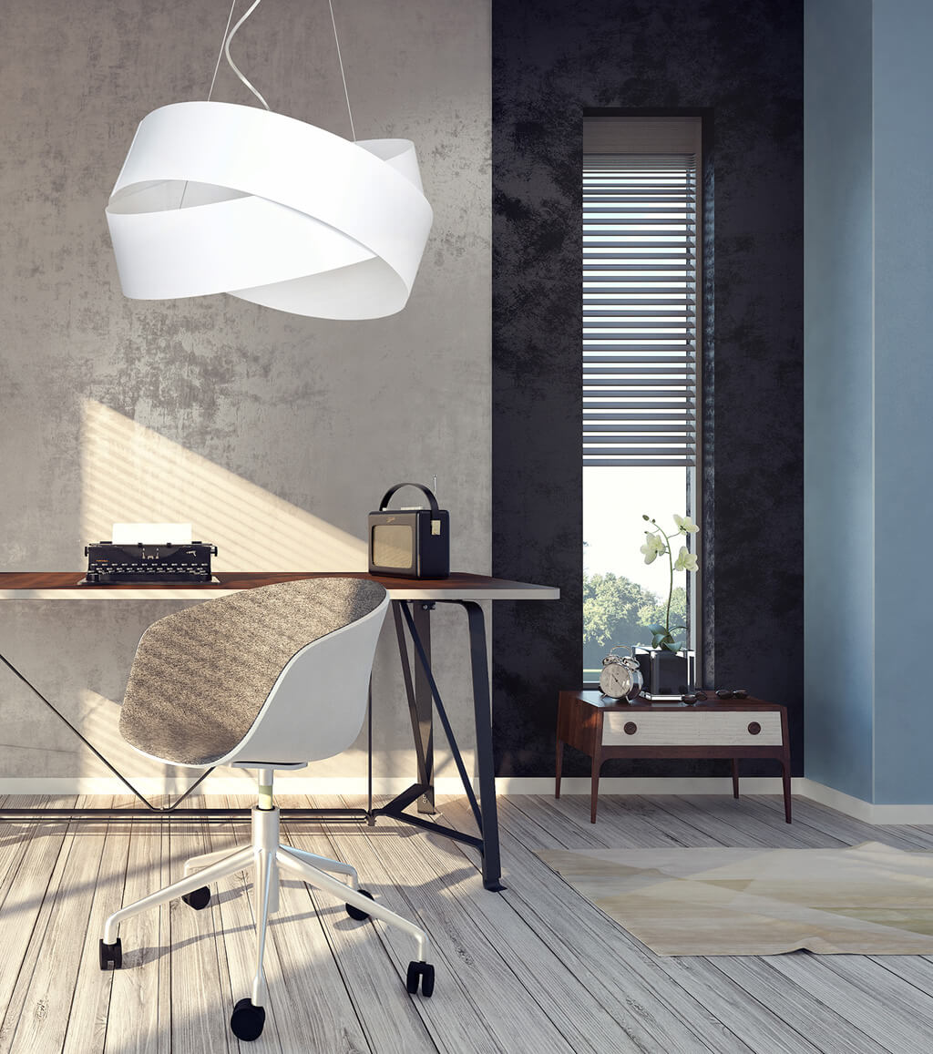Mise en situation de la suspension blanche au-dessus d'un bureau dans un intérieur