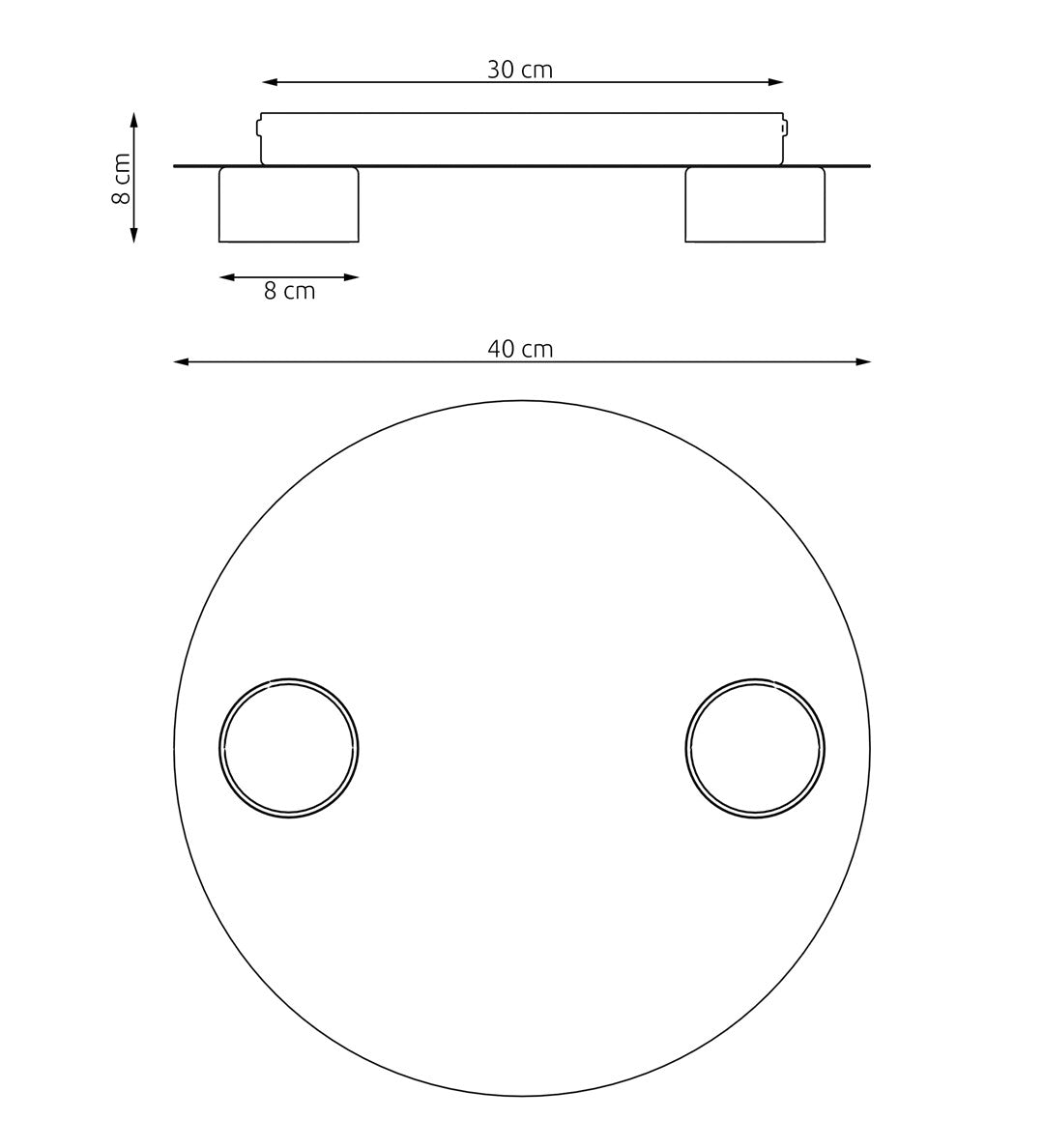 Schéma coté du luminaire avec diamètre 40 cm, hauteur 8 cm et diffuseurs