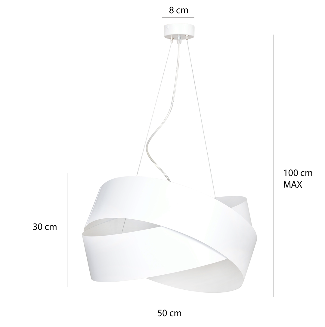 Schéma coté de la suspension blanche avec hauteur, largeur et chute maximale