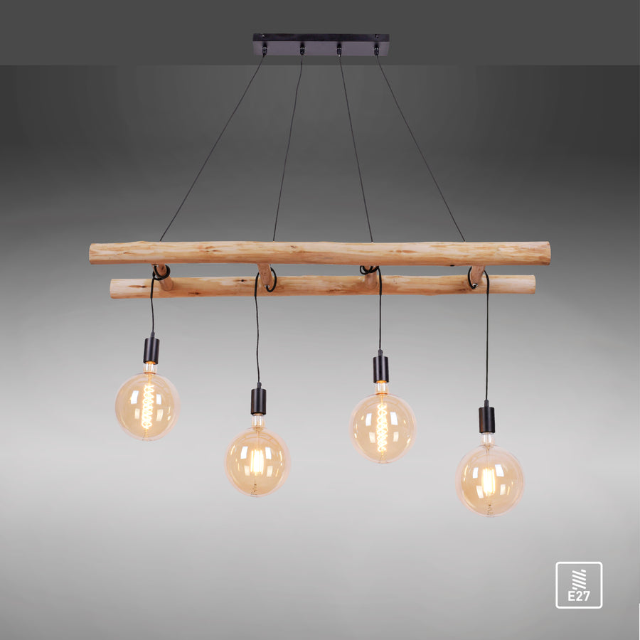 Suspension Edgar 4 lumières noire et bois
