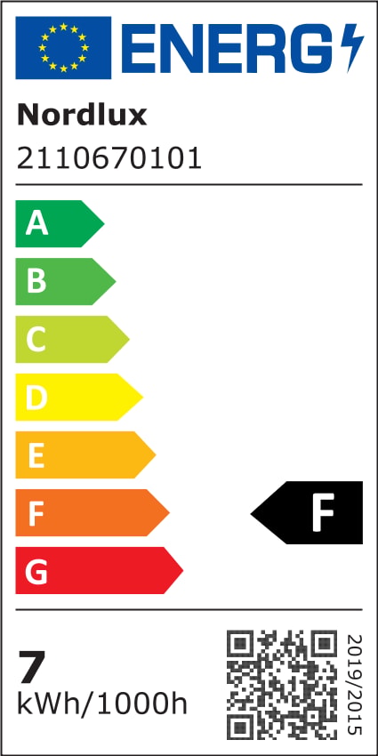 Étiquette énergétique européenne du produit Nordlux indiquant la classe F et 7 kWh/1000h.