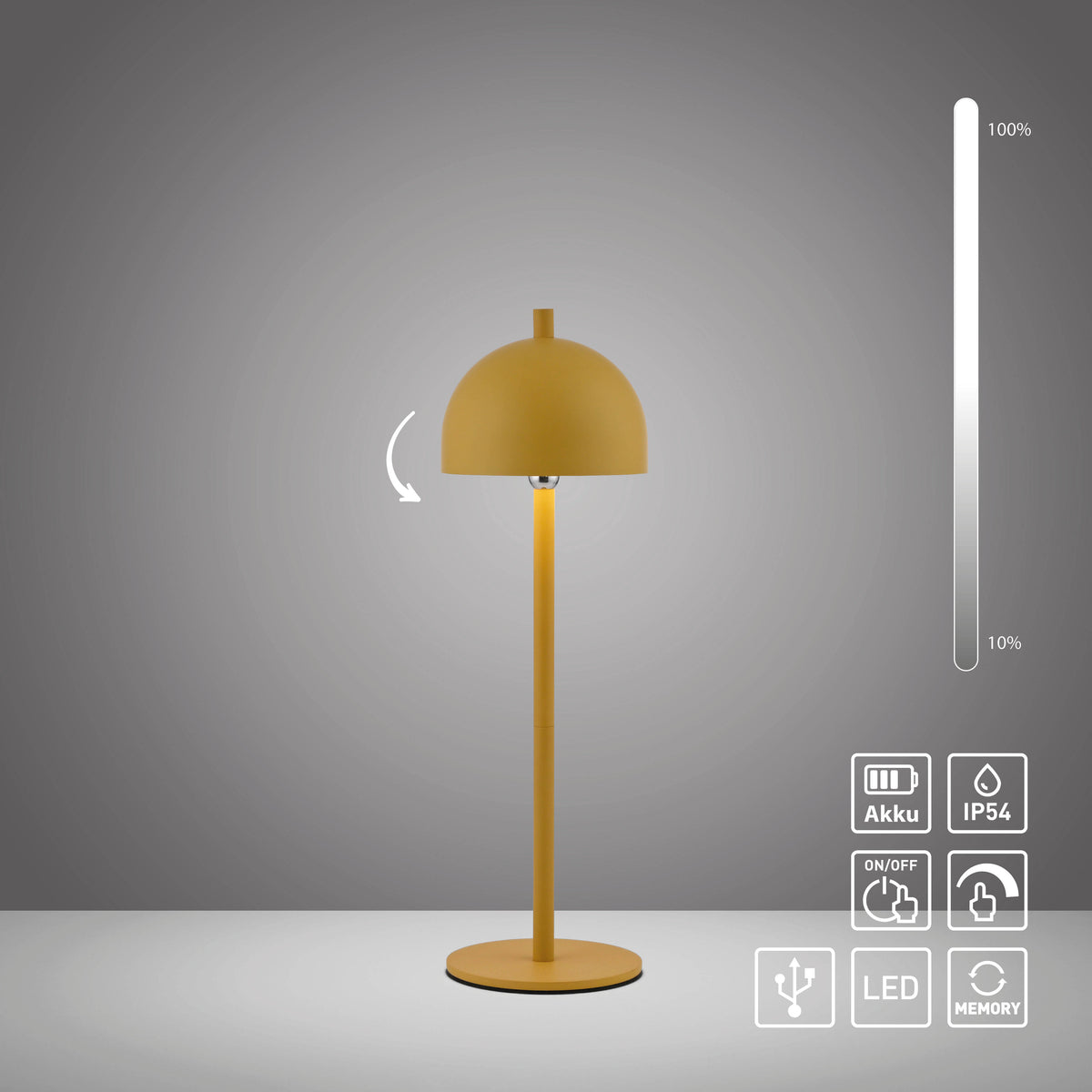 Lampe jaune avec icônes de batterie, variateur, IP54 et rotation de l’abat-jour