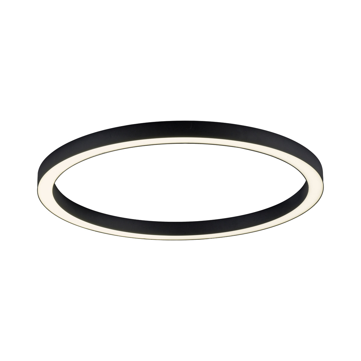 Vue de face du plafonnier anneau anthracite sur fond blanc, diffuseur blanc allumé.