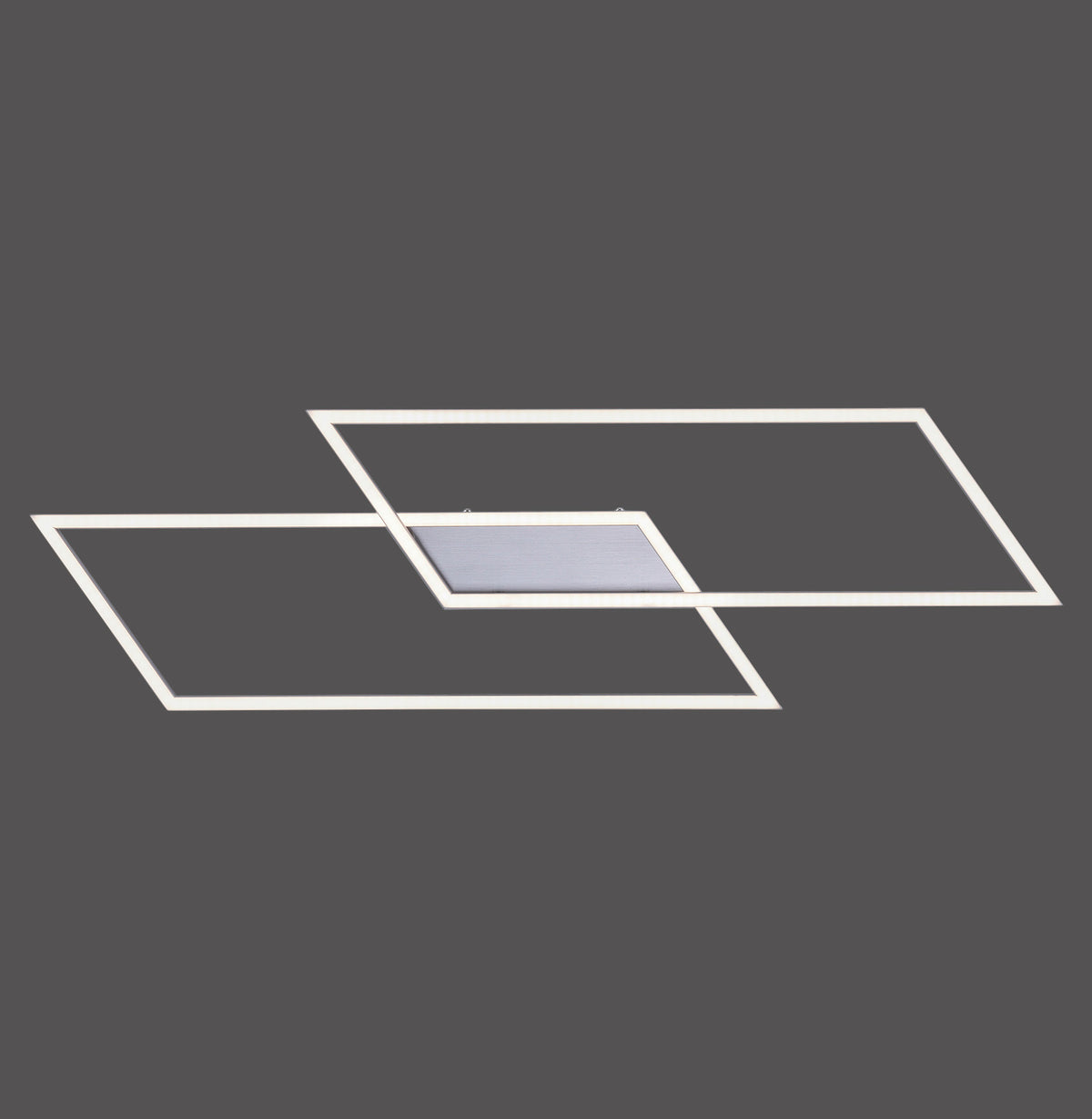 Plafonnier rectangulaire à deux cadres entrecroisés, présenté sur fond gris anthracite.