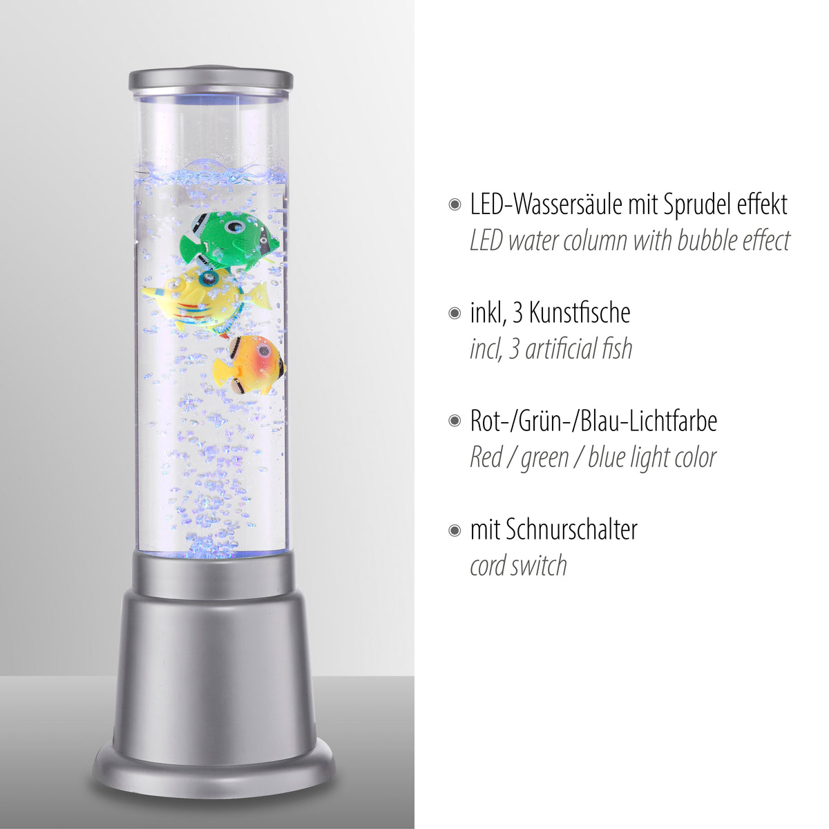 Produit avec liste de caractéristiques en anglais : effet bulles, trois poissons, RVB, interrupteur à cordon.