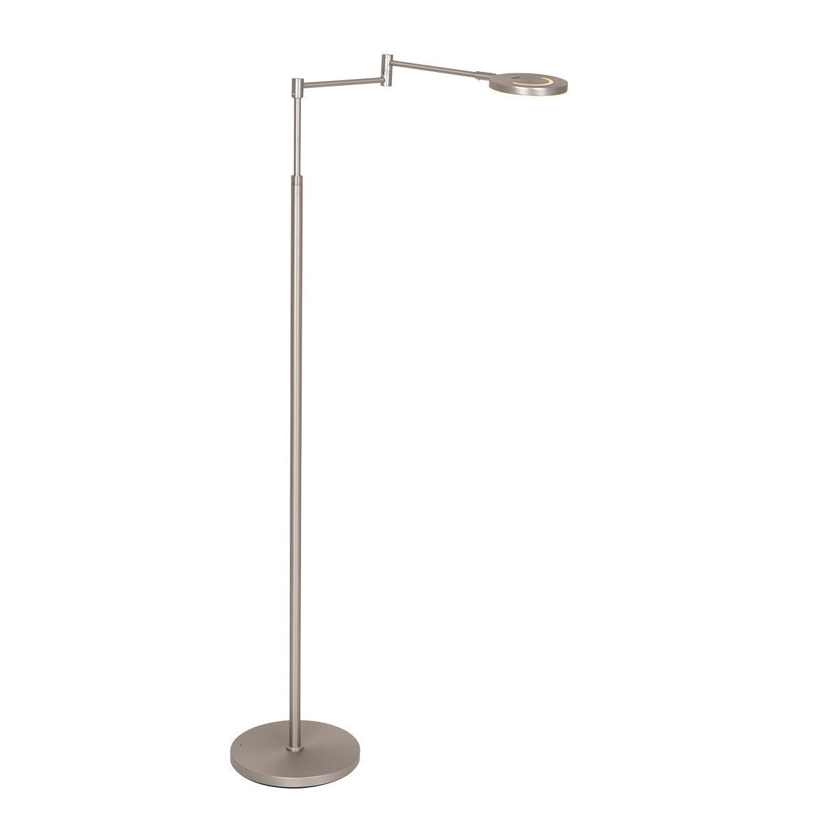 Lampadaire argenté de face, tige fine, bras pliable et tête ronde plate