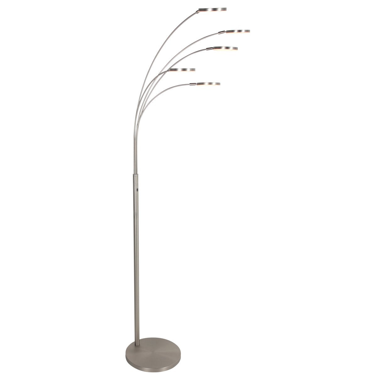 Lampadaire argenté à cinq bras courbes et têtes rondes, vue de face sur fond blanc.