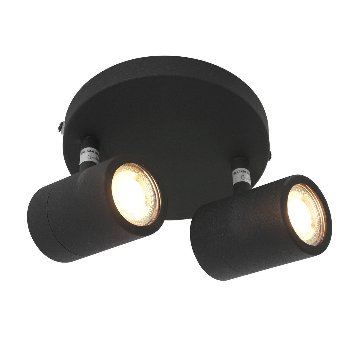 Luminaire noir à deux spots allumés, orientés vers le bas, vu de face.