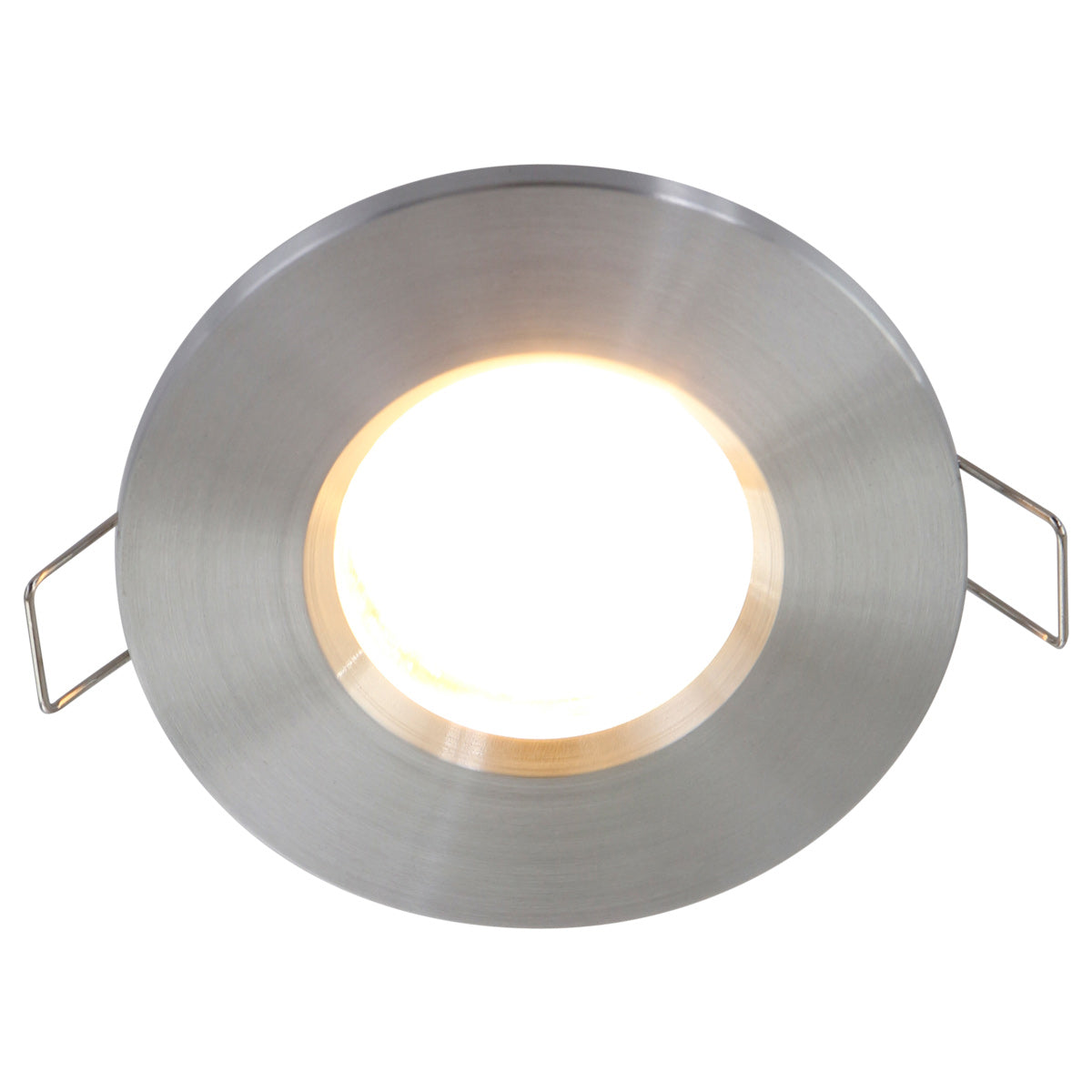 Vue de dessous du spot allumé, halo blanc entouré d'une bague dorée
