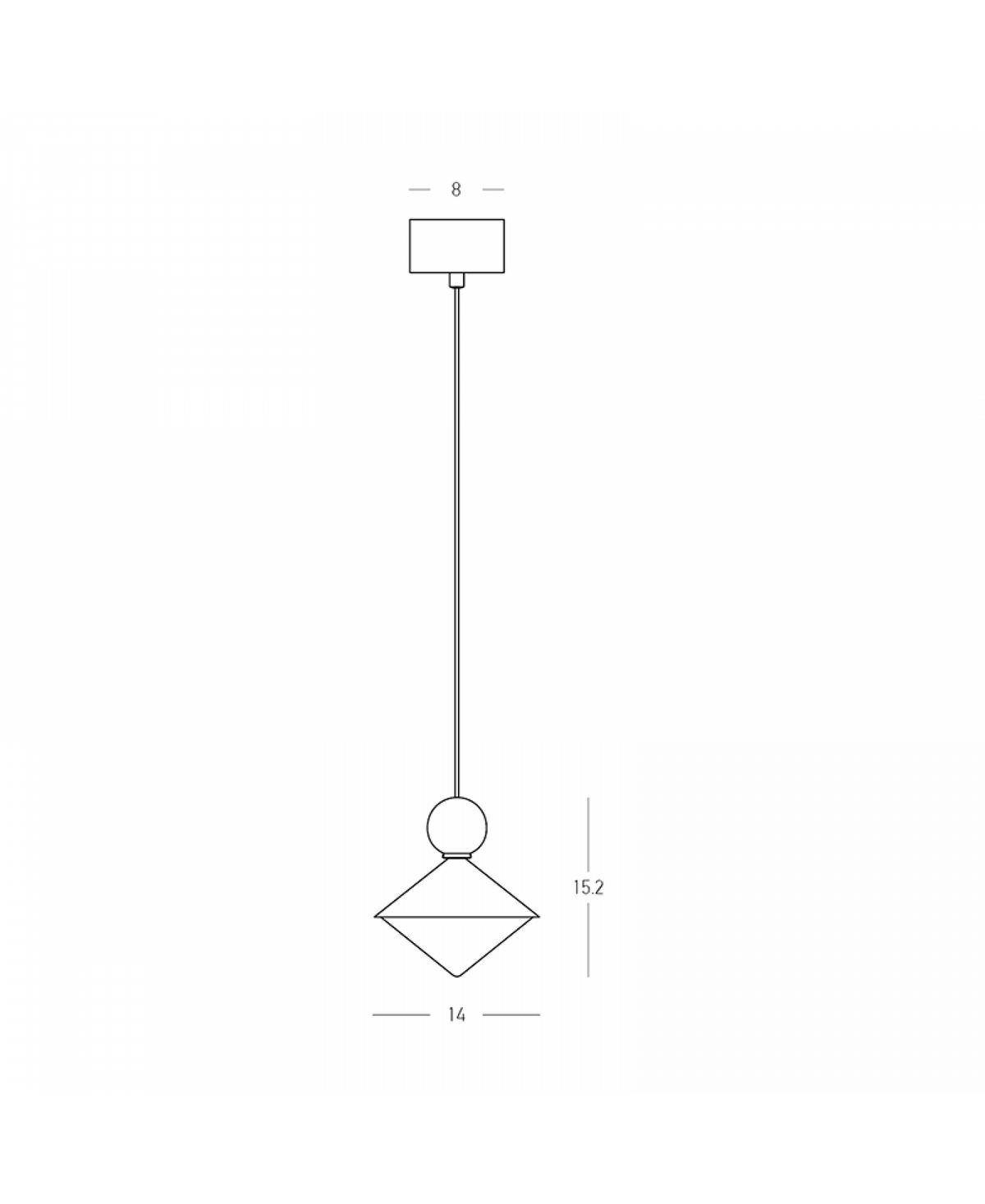Schéma technique coté indiquant hauteur 15,2 cm et diamètre 14 cm du luminaire