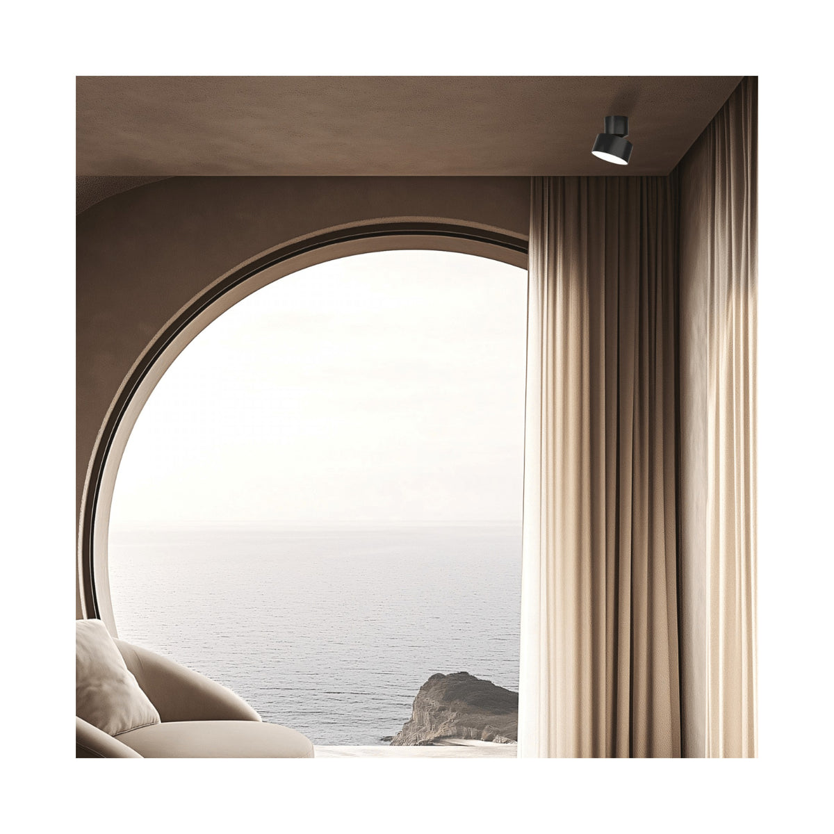 Détail du cylindre noir incliné et sa coupelle, éclairage blanc orientable.