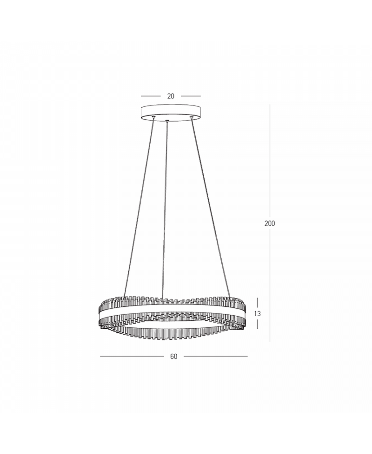 Schéma technique coté du luminaire avec dimensions du pavillon, de la hauteur et du diamètre.