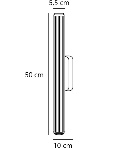 Schéma coté de l'applique : hauteur 50 cm, largeur 5,5 cm et profondeur 10 cm.