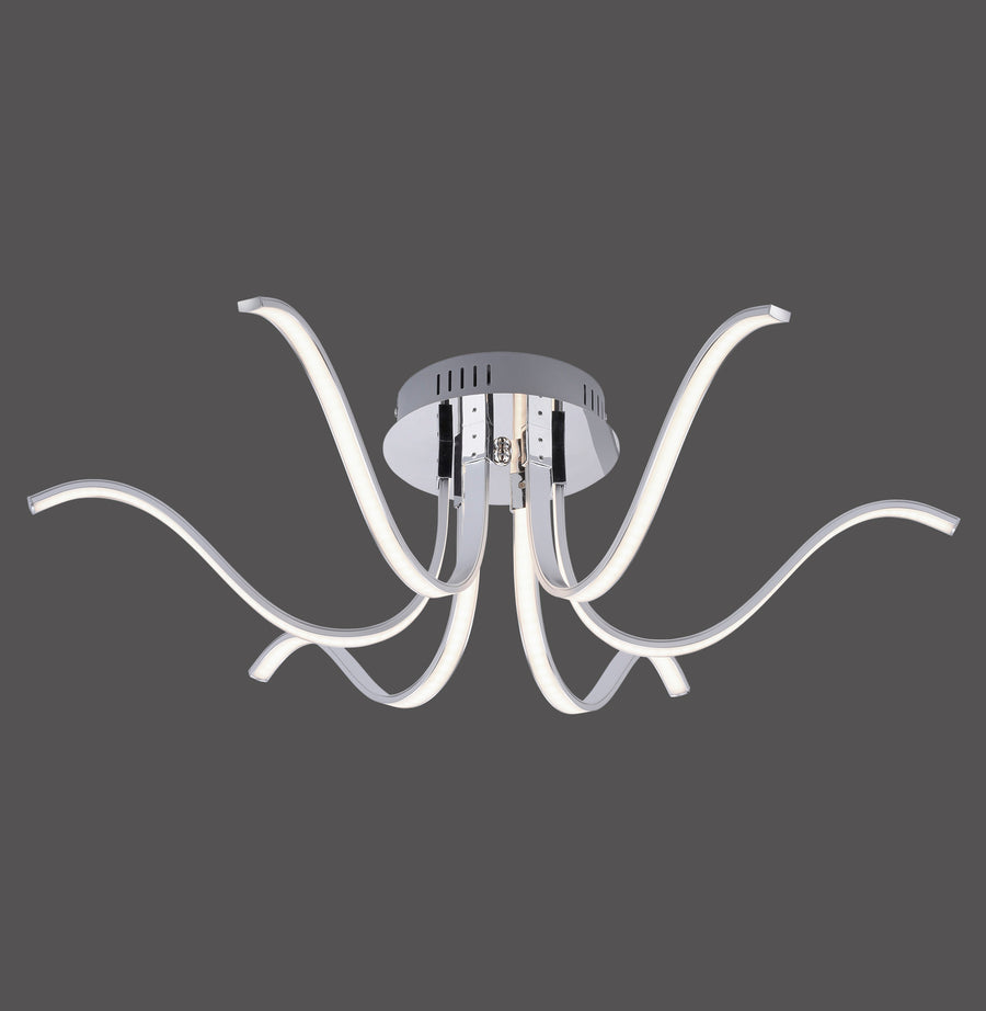 Plafonnier chromé à six bras courbes, photographié de face sur fond gris anthracite.