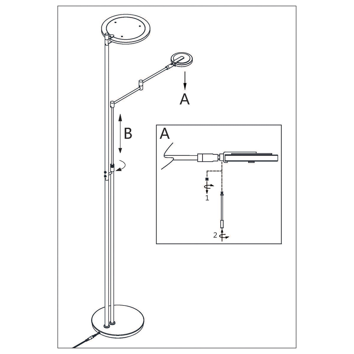 Schéma technique avec cotes montrant réglages et fixation du luminaire