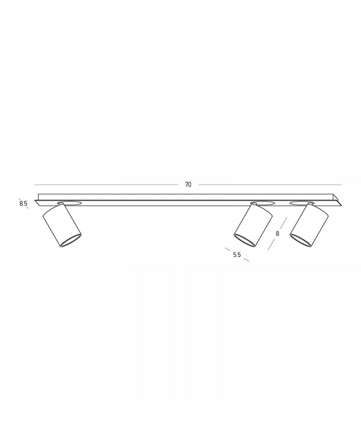 Schéma coté du luminaire, longueur 70 cm et hauteur 8,5 cm