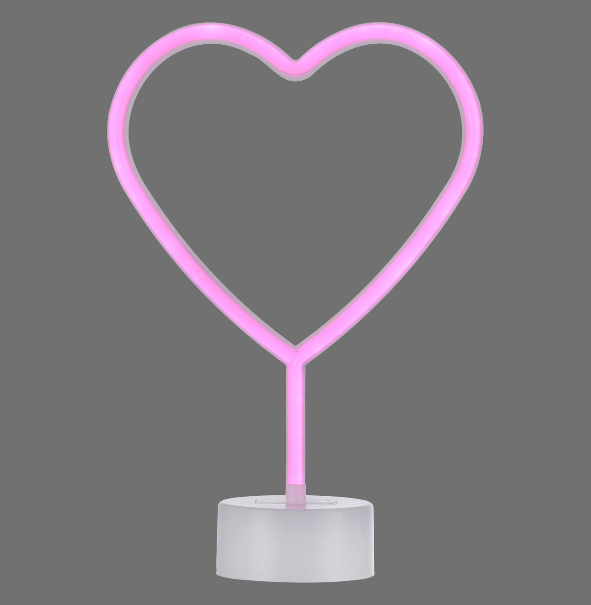 Lampe néon en forme de cœur rose sur fond gris, éteinte, vue de face.