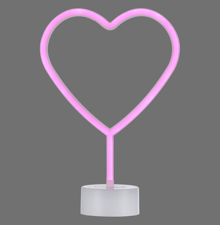Lampe néon en forme de cœur rose sur fond gris, éteinte, vue de face.