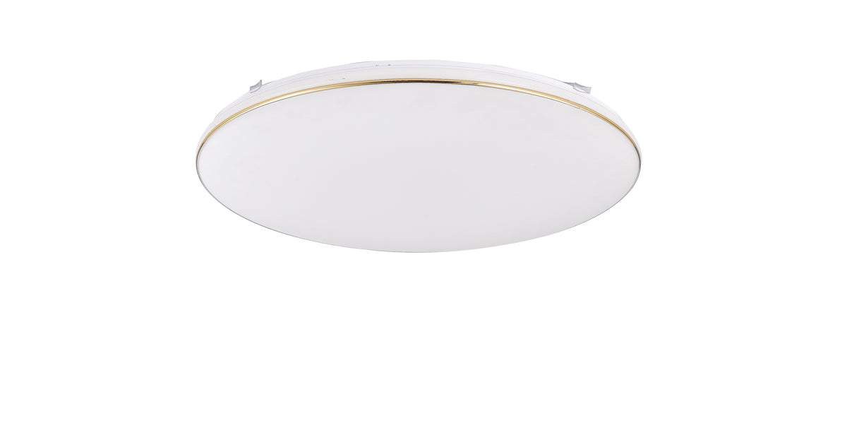 Vue de face d'un plafonnier rond blanc avec finition dorée
