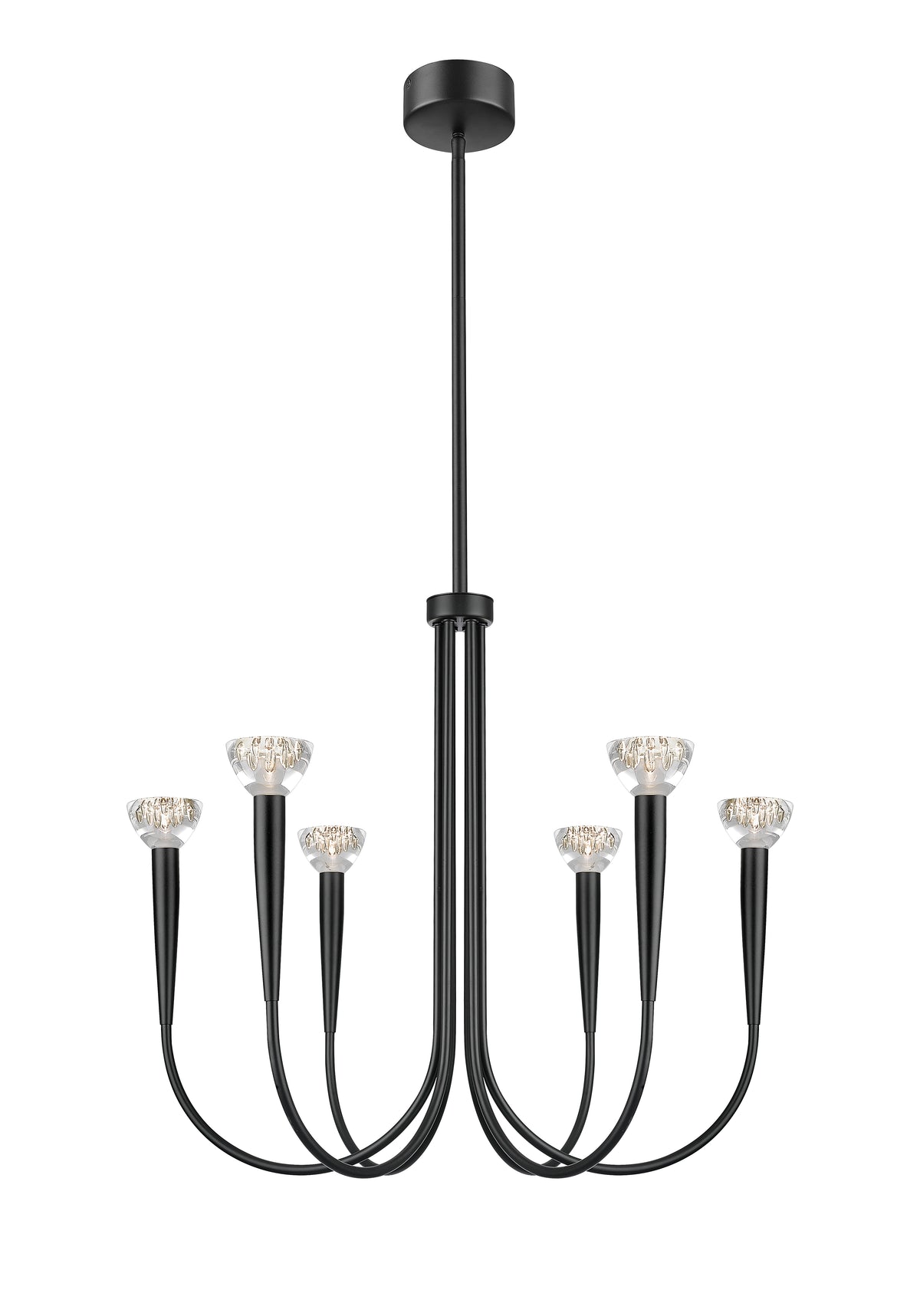 Suspension noire à six bras recourbés avec diffuseurs en verre texturé