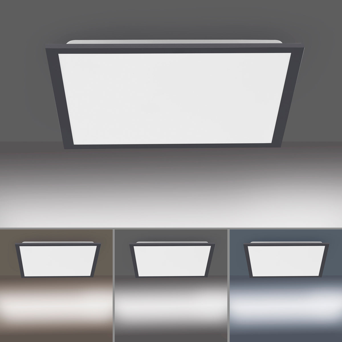 Simulation des températures de couleur : blanc chaud, neutre et froid sous le plafonnier.