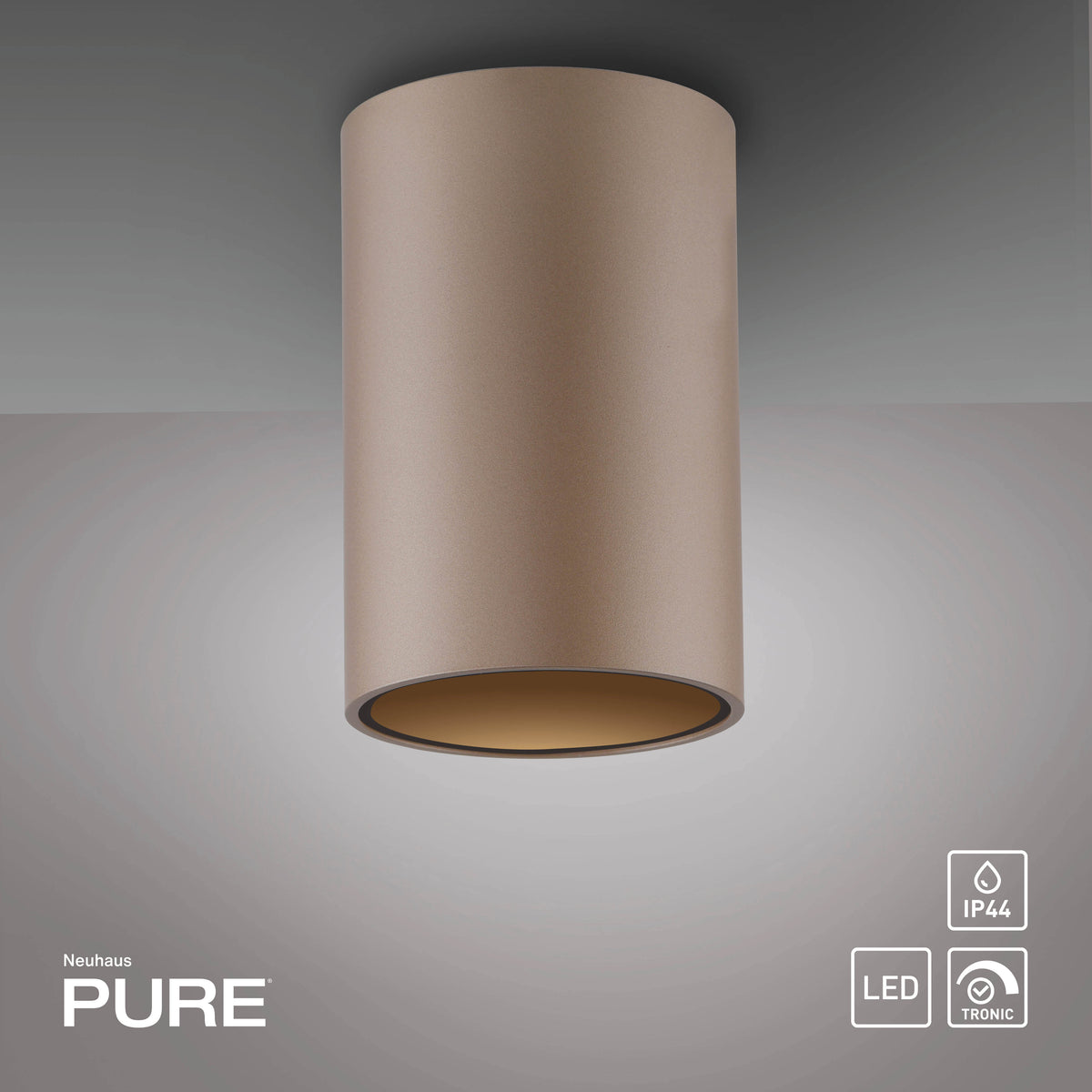 Plafonnier cylindrique marron suspendu, fond dégradé gris, pictogrammes IP44 LED